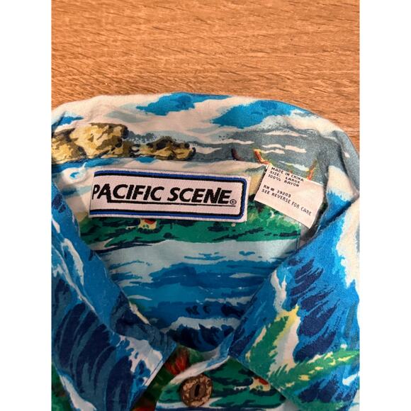 Pacific Scene Hawaiian Shirt Short Sleeve Palm Trees Surf Floral Men's Size L - Picture 4 of 4